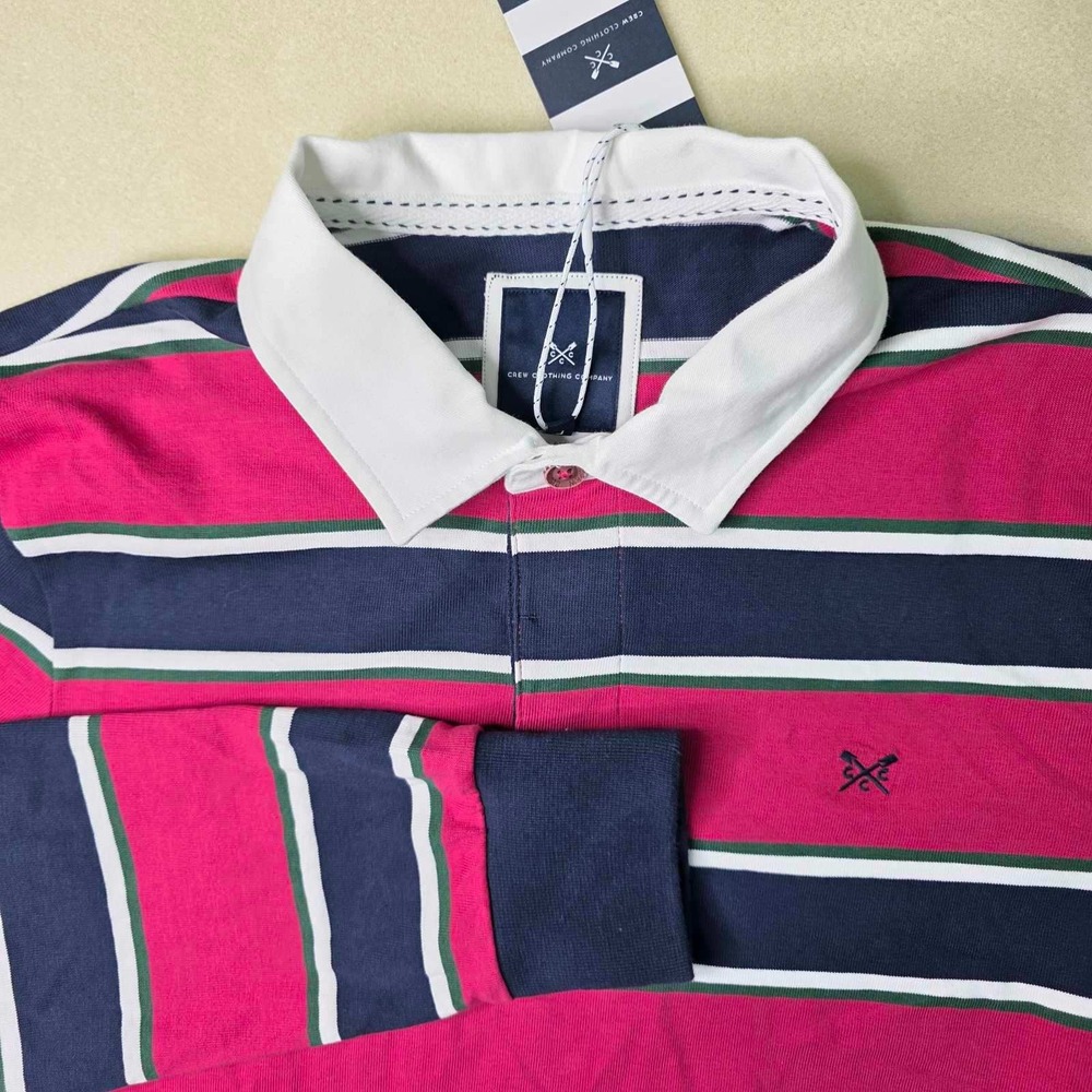 Crew Clothing Company Rugby Polo Shirt Men's L Large Stripe Long Sleeve Navy Red